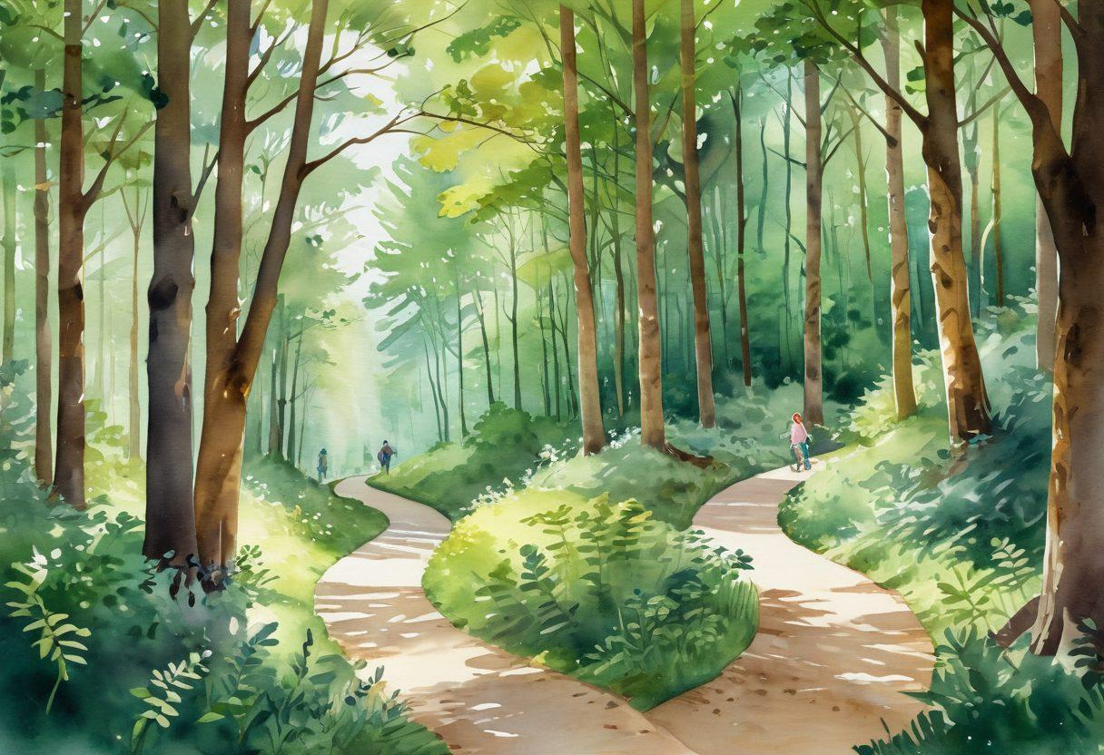 A serene landscape symbolizing hope, featuring a winding path through a vibrant green forest. Include diverse individuals of different ages, engaged in support activities, such as walking together or sharing stories. Sunlight filters through the trees, symbolizing empowerment and positivity. Integrate subtle elements representing awareness, like ribbons or signs. soft watercolor style. warm colors. uplifting atmosphere.