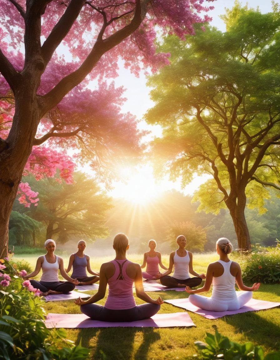 A serene scene depicting a diverse group of people engaged in holistic health practices, such as yoga, meditation, and healthy cooking, surrounded by vibrant nature. Include symbols of cancer awareness and vitality, like ribbons and flourishing plants, with warm sunlight filtering through the trees. Convey a sense of community and wellness, showcasing integration of body, mind, and lifestyle. super-realistic. vibrant colors. peaceful atmosphere.