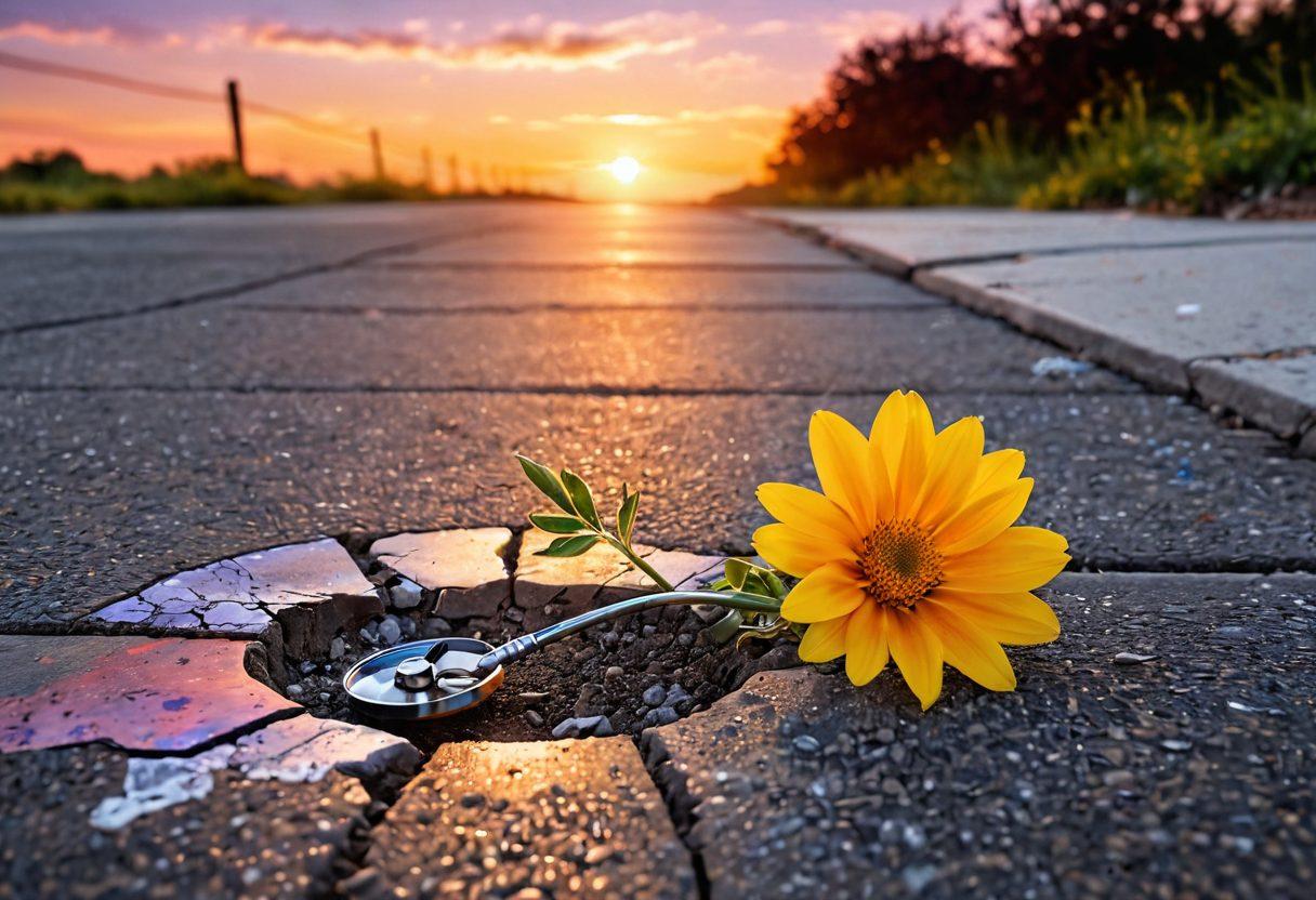 A powerful transformation scene showcasing a blooming flower breaking through a cracked pavement, symbolizing resilience against cancer. In the background, a soft gradient of sunset colors representing hope and new beginnings. Include images of medical symbols like a stethoscope or DNA strands subtly integrated into the design. The atmosphere should evoke strength and optimism. painting. vibrant colors.